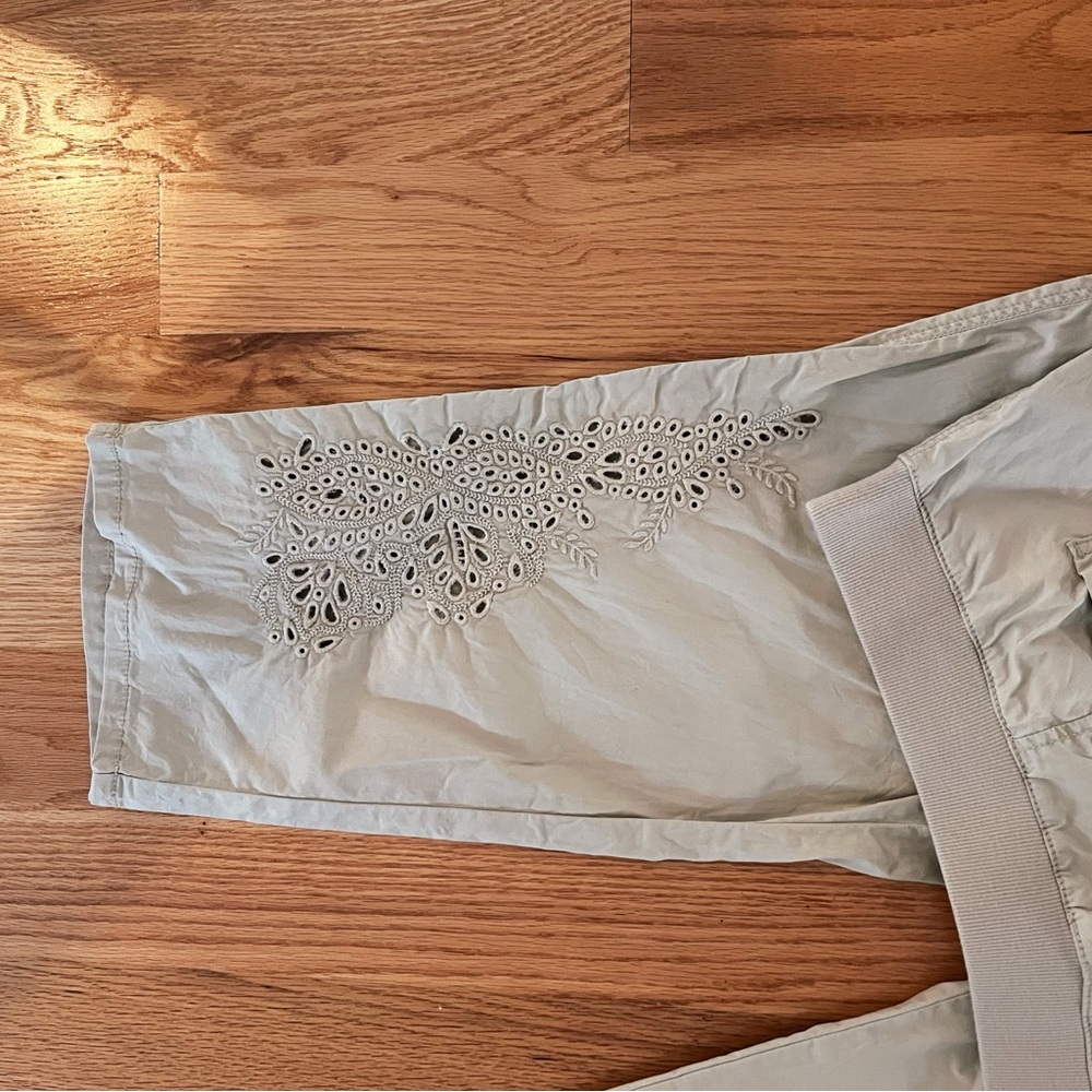 Chico’s Like New Khaki Embroidered Straight Leg Pants - Picture 3 of 6